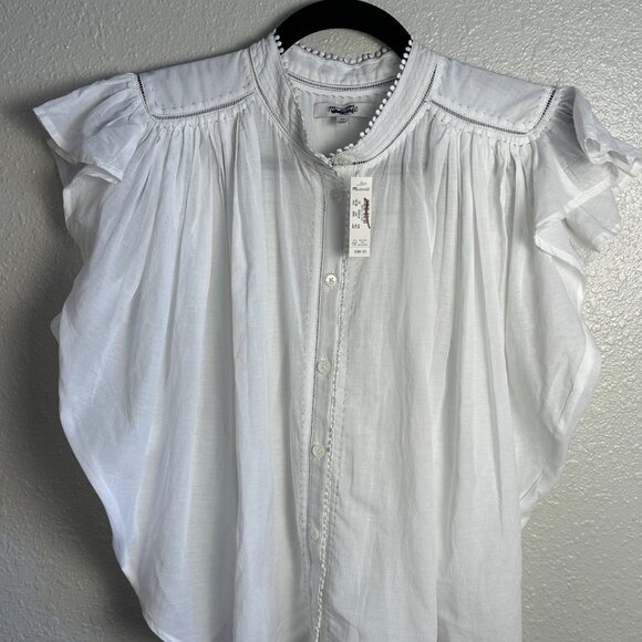 Madewell Womens Shirred Ruffle Lace-Trim Top Sz XS  Cottagecore Flowy Blouse NWT - Picture 7 of 13